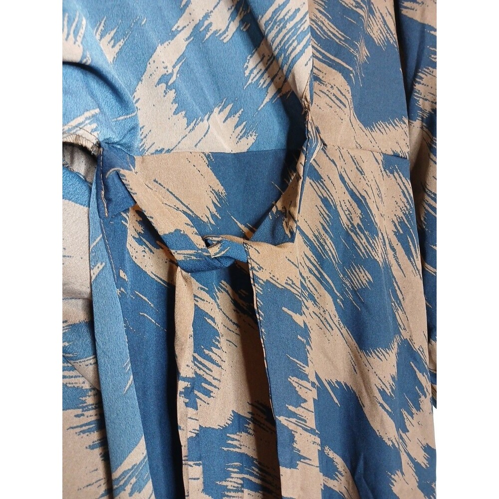 Women's Flowy Faux Wrap Dress V-Neck Long Sleeve Size XL Blue/Brown - Picture 5 of 9